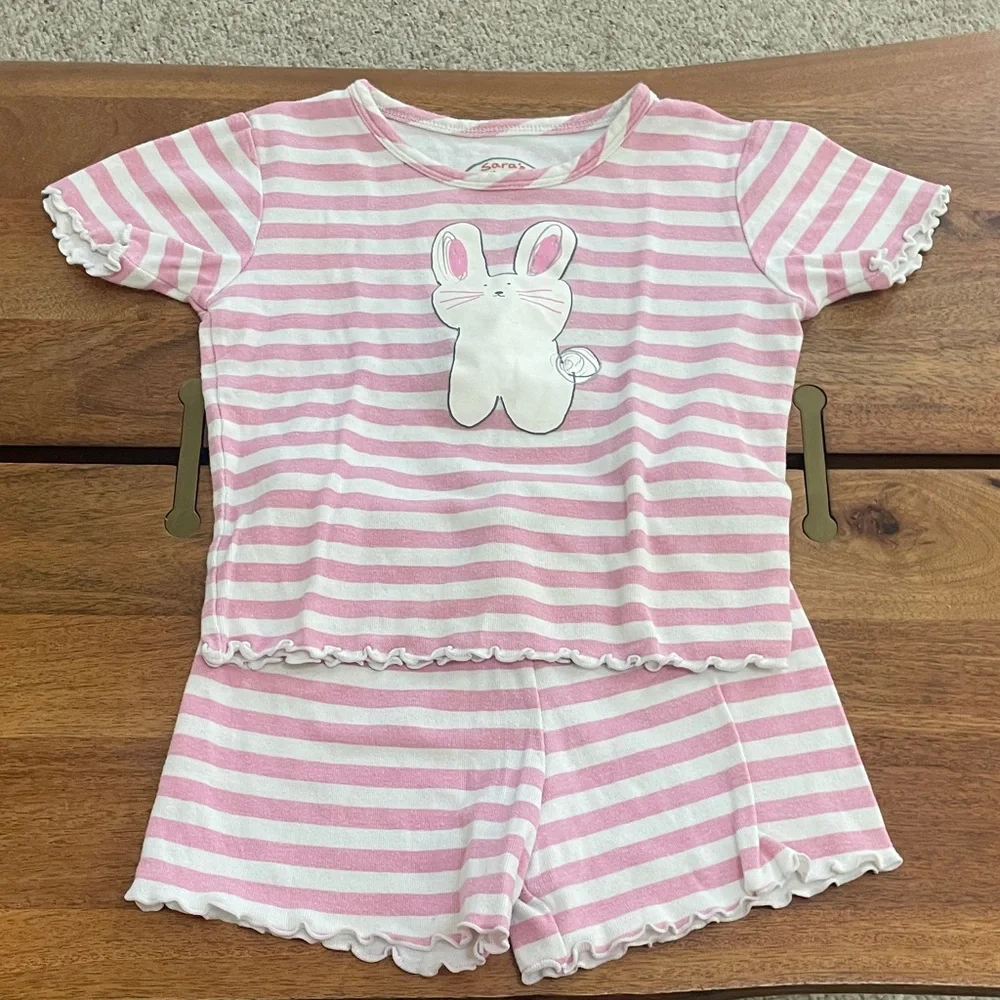 Sara's Prints Pink & White Striped Bunny Pajama Set. Short sleeve/shorts. Soft.